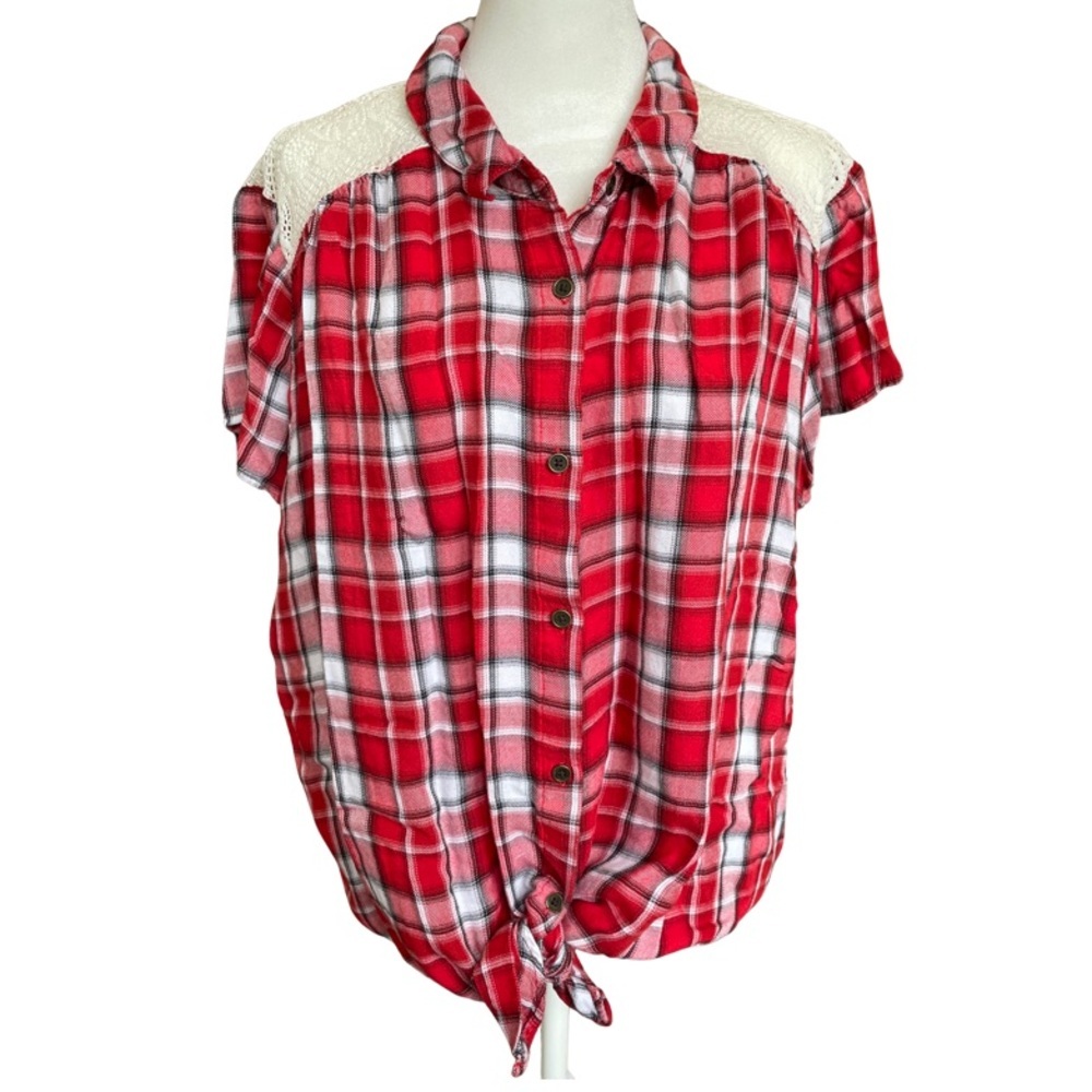 No Boundaries plaid top with shoulder details and tie in the front